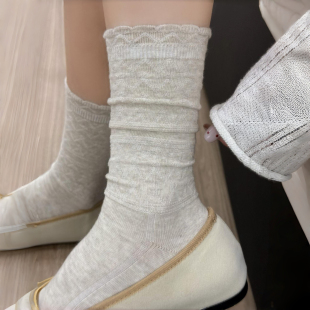 袜子女春秋棉 暗纹燕麦色系花边袜袜可太适合春日了 早春 温柔感