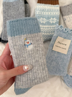 冬日氛围感~蓝灰色系简直是冬季的bi入色系~袜子女厚款羊毛暖和韩