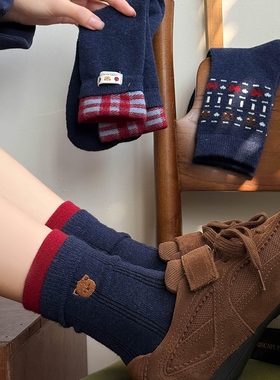 藏蓝色的复古小熊太可爱咯~好韩系学院风~袜子女羊毛秋冬加厚保暖