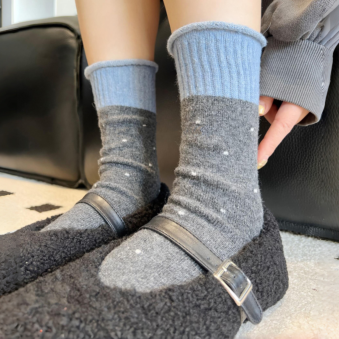 韩里韩气的蓝灰袜袜~满满的冬天松驰感~袜子女秋冬羊毛加厚款保暖