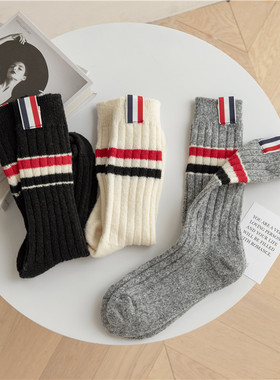 boombomb三色条纹羊毛堆堆袜女秋冬保暖中长筒黑色网红小腿袜女生