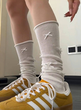 蝴蝶结miu系袜子女堆堆袜春夏季薄款中筒纯棉芭蕾风白色小腿袜女