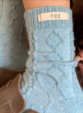薄荷蓝清冷系~小香风菱格egg兔羊毛袜可太适冬天了~袜子女厚款暖