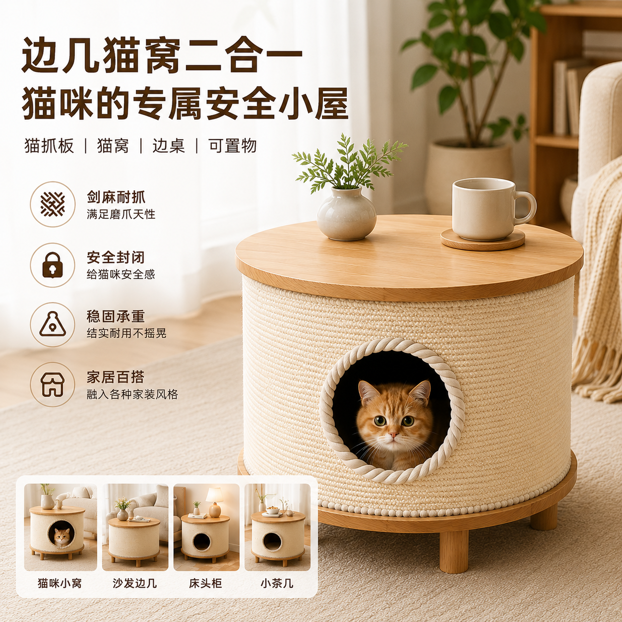 实木茶几猫窝剑麻毯桌子凳子猫窝人宠共用猫咪边几床头柜