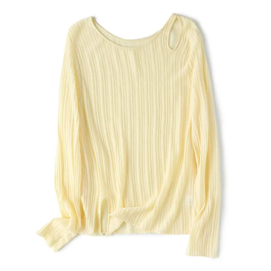 轻快入秋 韩系糖果色轻薄坑条挖空防晒罩衫 新款女装羊毛针织上衣