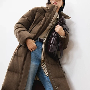 奢级丝驼绒 高暖白鹅绒可拆卸连帽加长羽绒服女 冬季保暖加厚外套