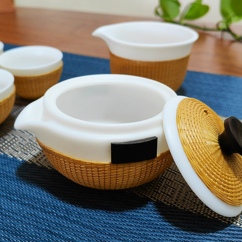 精品瓷胎竹编羊脂玉瓷金丝扣瓷茶具四川成都非遗手工礼品送领导