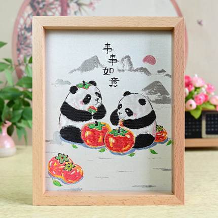 蜀锦蜀绣熊猫丝绸画摆件中国风文创特色礼物送老外成都熊猫纪念品