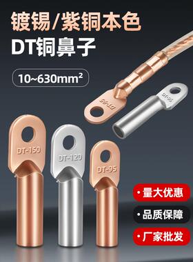 国标DT铜鼻子铜接头紫铜线鼻10/16/25/35/70镀锡堵油接线端子