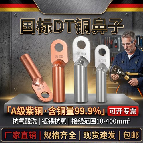 铜鼻子铜接头DT10/16/25/35/50/70-500平方接线端子堵油线耳鼻子