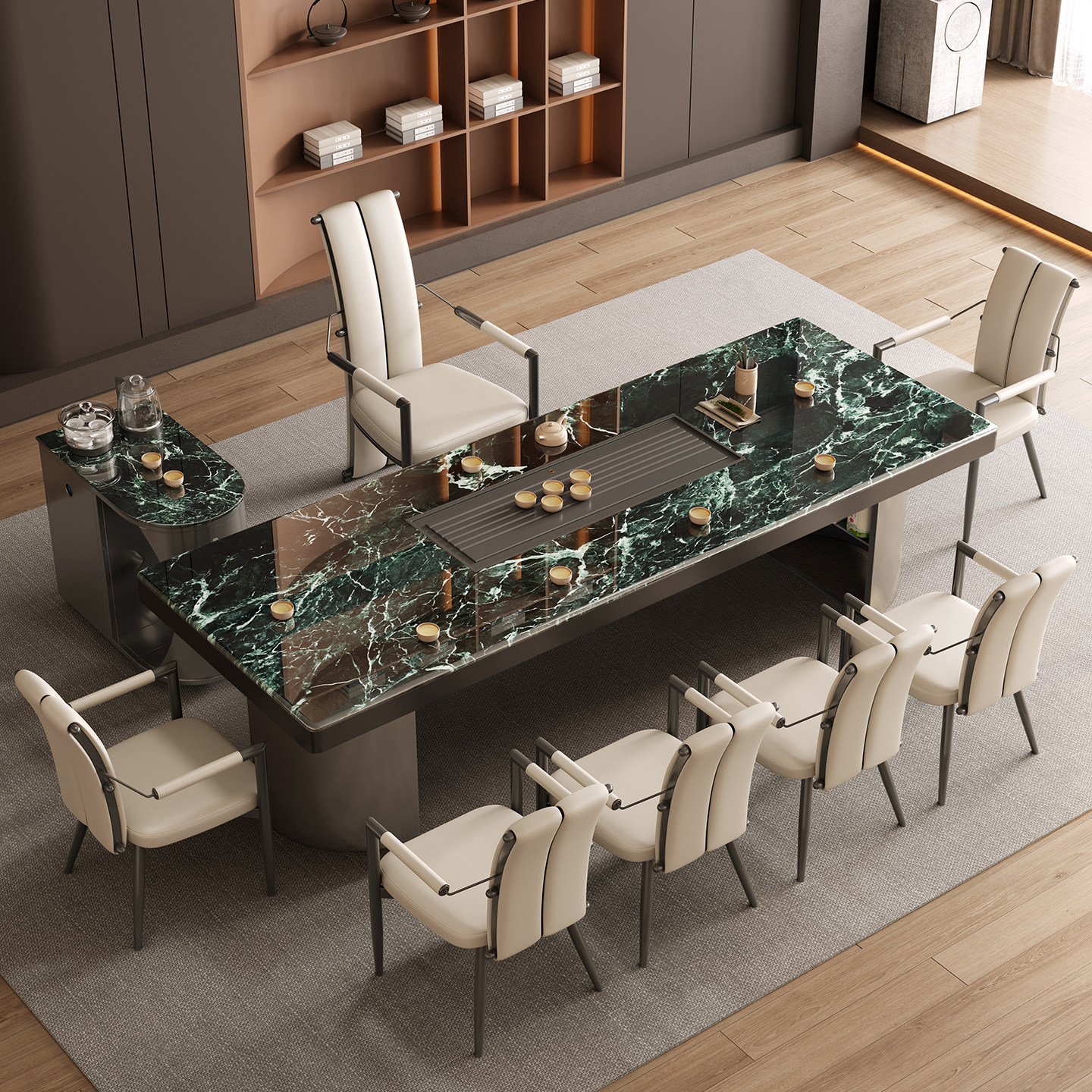 超晶石高端轻奢大理石茶桌现代高级感办公室新款岩板茶台一桌五椅