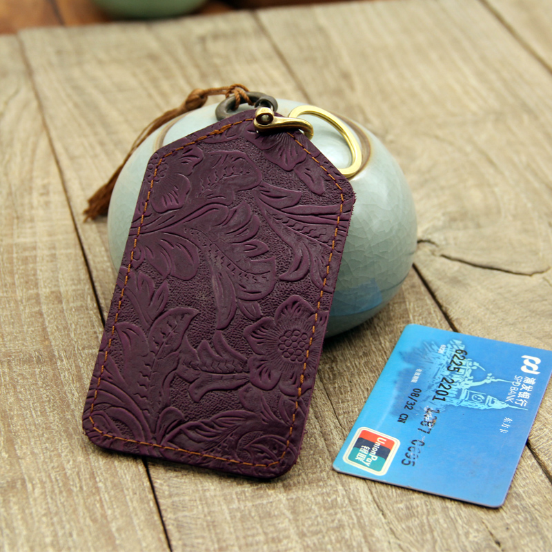 銅扣雕花唐草頭層牛皮公交卡套