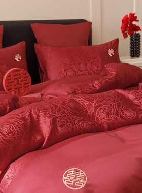 新中式喜字结婚四件套大红色床单玫瑰纯棉被套婚庆房喜被床上用品