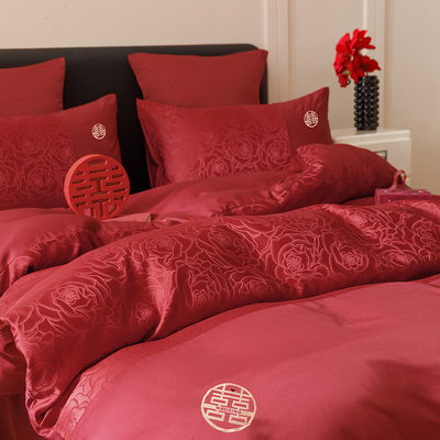新中式纯棉四件套大红色婚庆床品