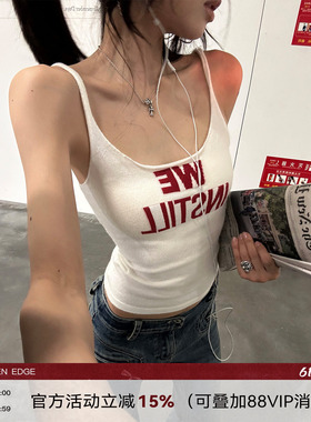 韩好甜WARDEN EDGE红白律动白色毛织背心女秋辣妹u领打底吊带上衣