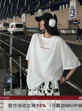 韩好甜WARDEN EDGE假日拾光白色宽松阔版T恤女夏显瘦圆领短袖上衣