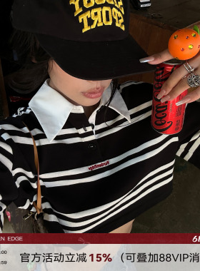 韩好甜WARDEN EDGE黑色条纹短袖T恤女夏辣妹polo领短款设计感上衣