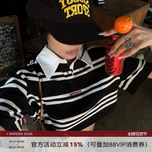 韩好甜WARDEN EDGE黑色条纹短袖T恤女夏辣妹polo领短款设计感上衣