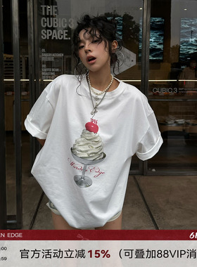 韩好甜WARDEN EDGE白色大版纯棉T恤女夏宽松印花oversize短袖上衣