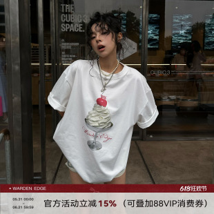 韩好甜WARDEN EDGE白色大版纯棉T恤女夏宽松印花oversize短袖上衣
