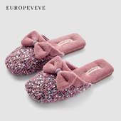 居家用防滑加绒保暖室内静音棉拖鞋 小香风蝴蝶结棉拖鞋 女士秋冬季