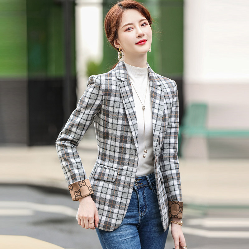 时尚韩版格子西装外套女春秋2022新款配牛仔裤的休闲小西服上衣冬