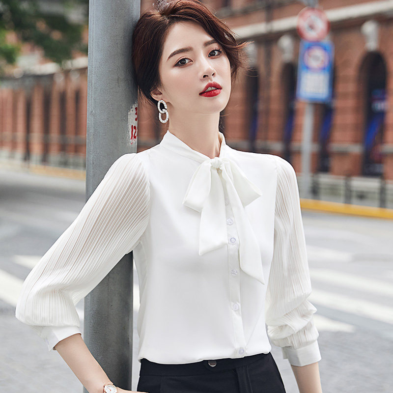 洋气雪纺衬衫女长袖职业气质蝴蝶结衬衣白色韩版设计感小众外穿秋