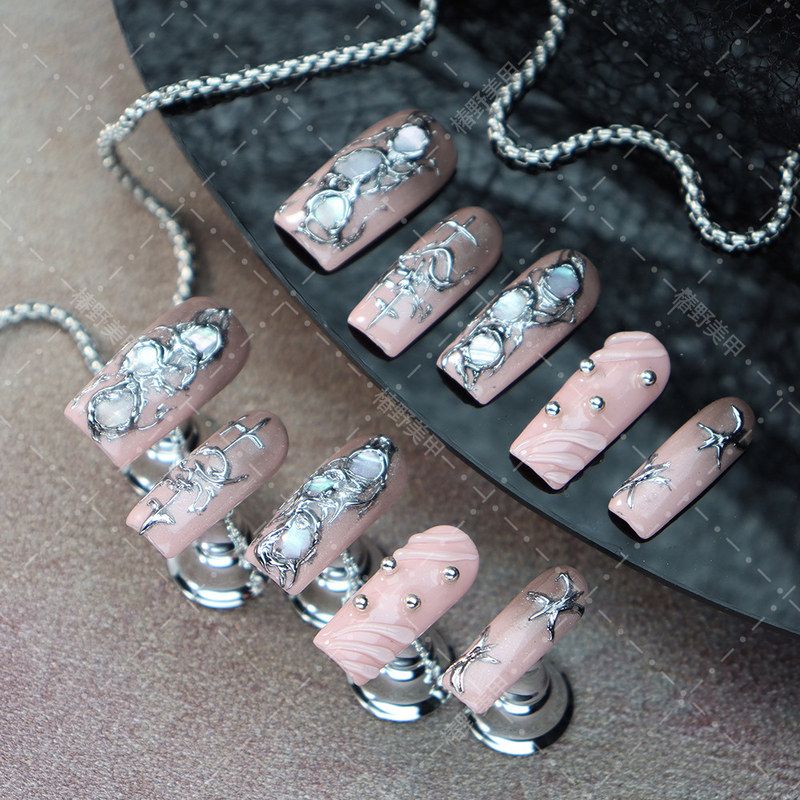 新纯手工穿戴甲欧美甜酷辣妹风高级感脏脏粉贝壳立体滴胶长方甲型