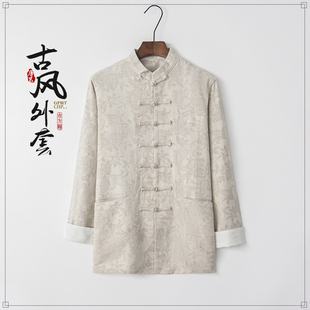 春秋棉麻唐装 盘扣居士服茶服 外套中国风复古潮流印花休闲立领衬衫