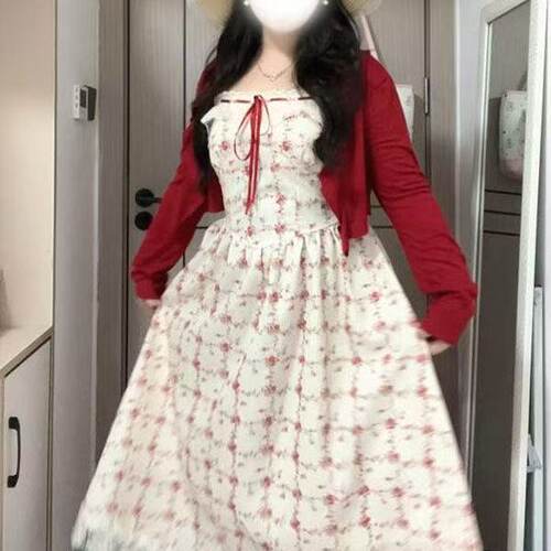 胖MM设计感碎花背心连衣裙套装女