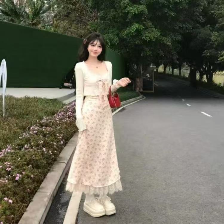 雾漫花海甜美碎花吊带连衣裙套装