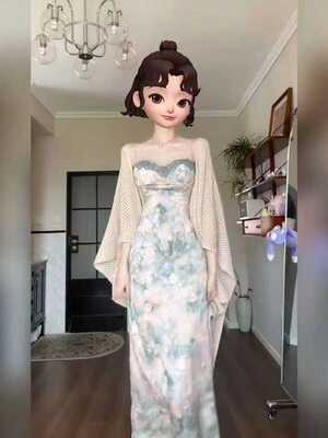 新中式蕾丝碎花吊带连衣裙套装女