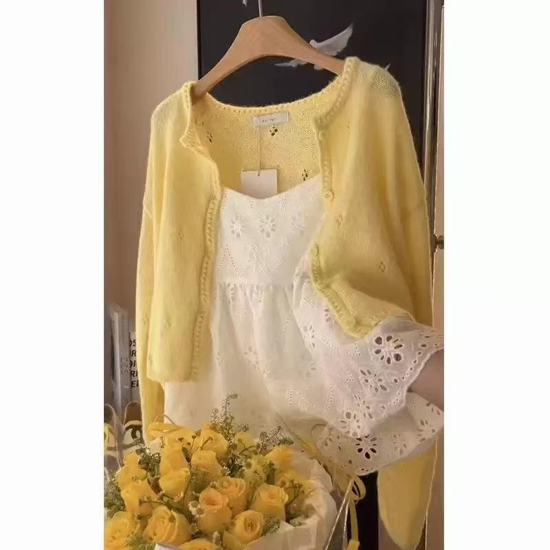 镂空针织开衫蕾丝吊带上衣套装女