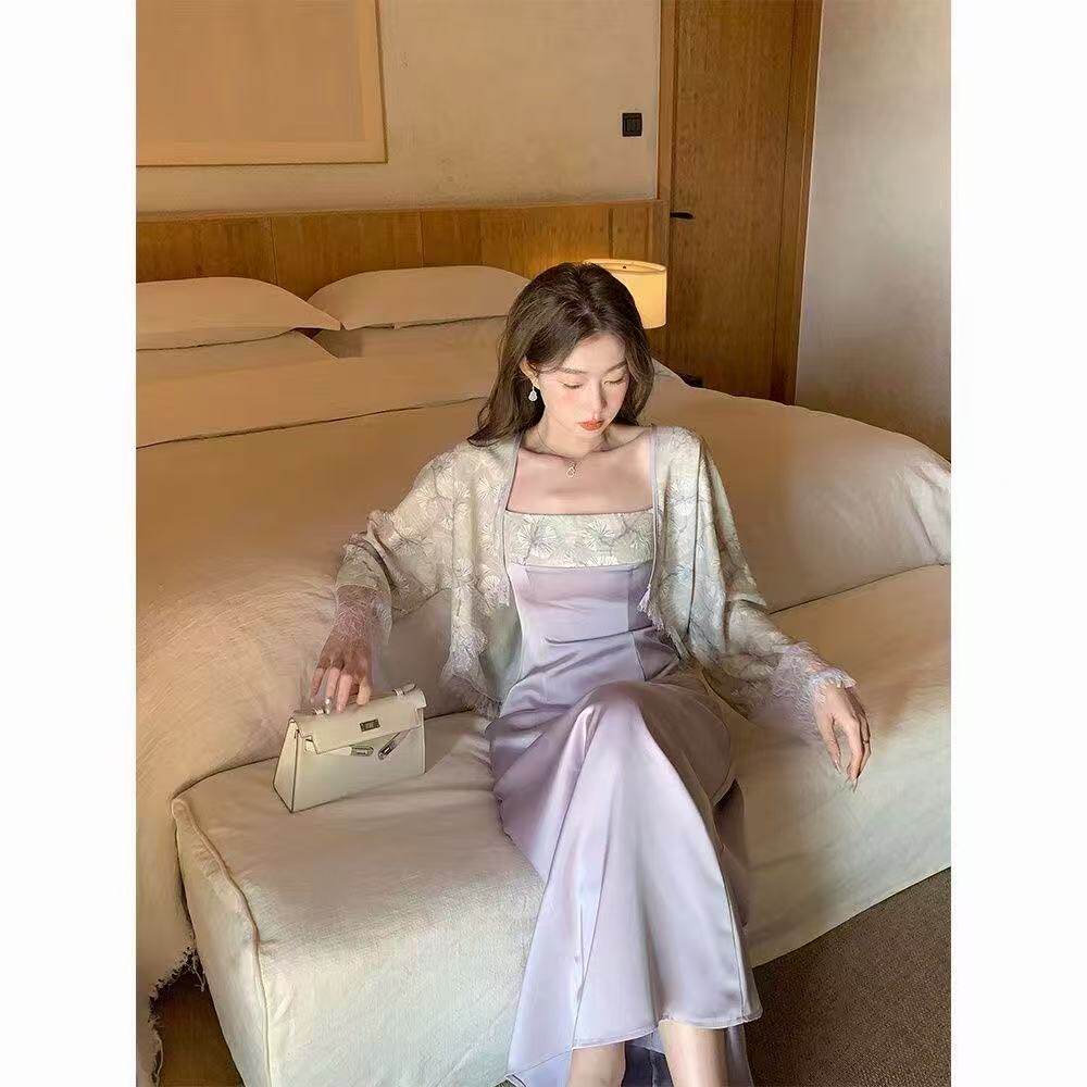 新中式复古国风吊带连衣裙套装女