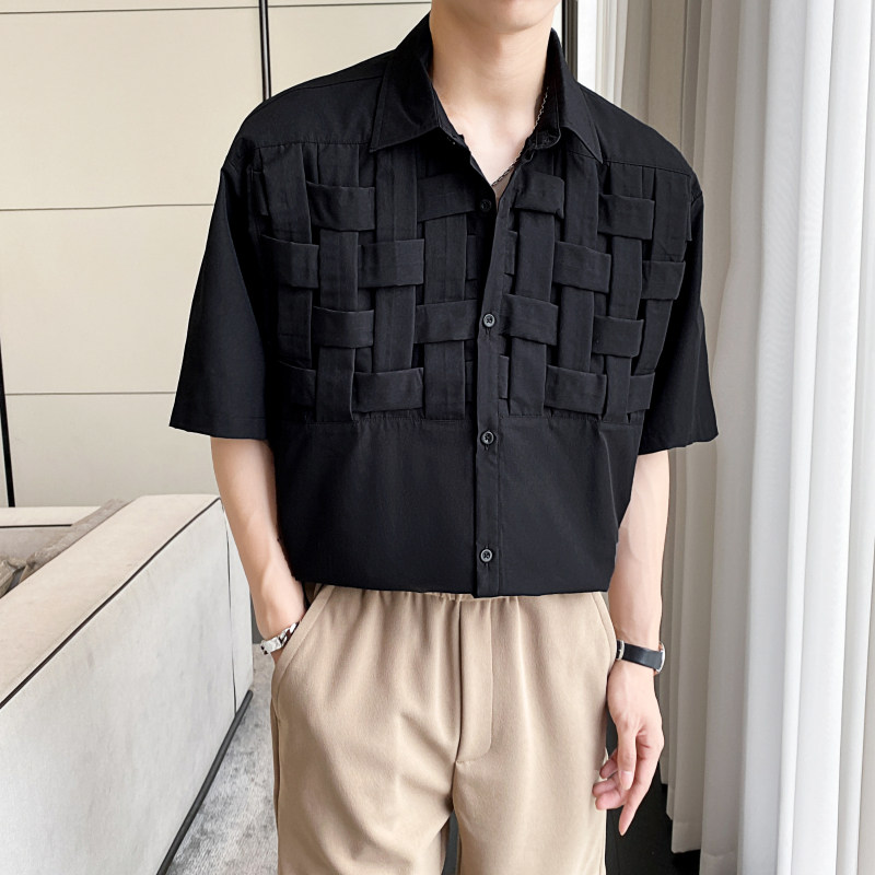 ins轻熟风2024夏季新宽松休闲编织拼接潮流短袖衬衫男Q88P60,男装衬衫,电商A222（原电商A231）