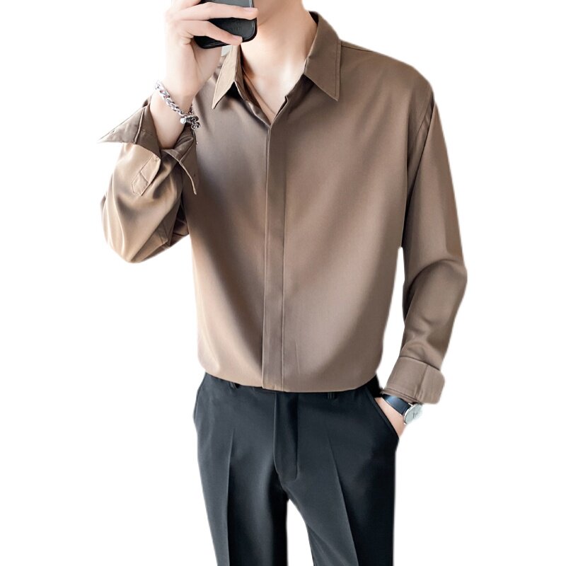 ins轻熟风2024春新潮流纯色长袖衬衫男宽松休闲青年Q51P48,男装衬衫,电商A222（原电商A231）