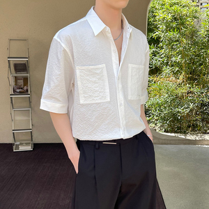 2024夏新ins轻熟风宽松双口袋潮流男士衬衫五分袖大码Q166P60图片