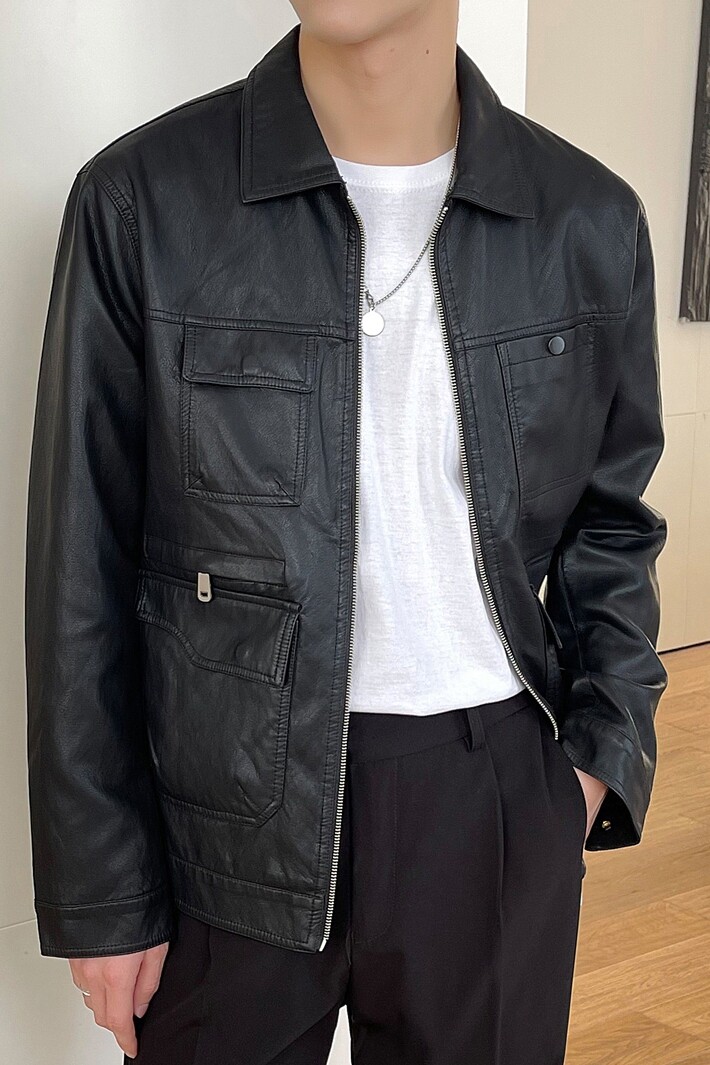 潮流皮衣男皮夹克2024春季新ins轻熟风宽松多口袋外套Q150P98,男装皮衣,电商A222（原电商A231）
