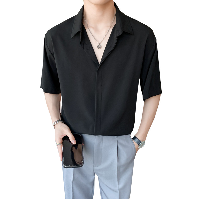 ins轻熟风潮流纯色短袖衬衫男2024夏季新宽松休闲青年Q53P40,男装衬衫,电商A222（原电商A231）