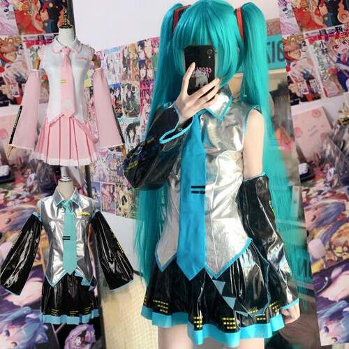 初音未来cos服小学生儿童全套MIKU公式服漆皮Cosplay假发耳机套装