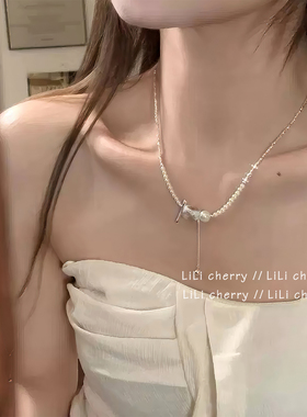 极简金箔水晶珍珠碎银项链