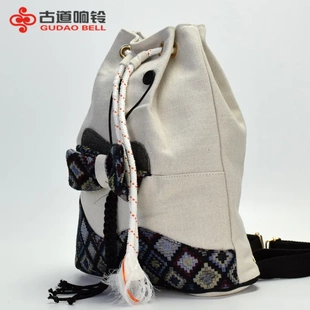 新款文艺范棉麻双肩包女包白色简约民族布包休闲风收口背包水桶包