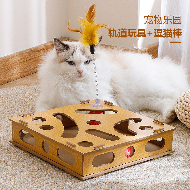 逗猫棒猫咪游戏盒子猫咪自嗨逗猫转盘宠物玩具铃铛球木质