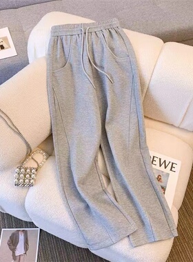 女童裤子春秋季中大儿童小女孩灰色直筒阔腿长裤运动休闲透气高腰