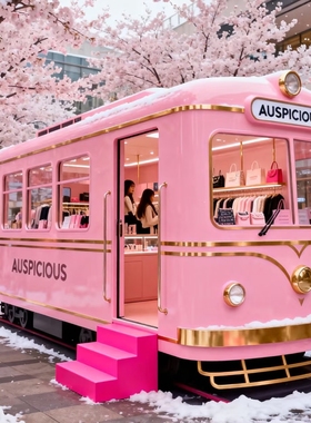 定制粉色复古电车造型店铺打卡摆