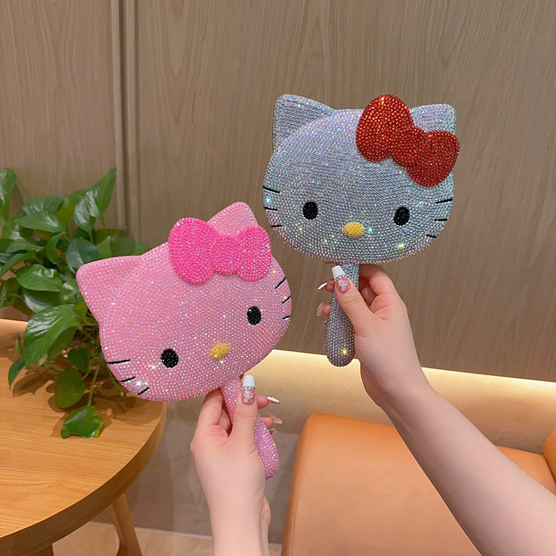 hellokitty手持化妆镜diy手工贴钻kt猫手柄镜粘钻石材料包补妆镜