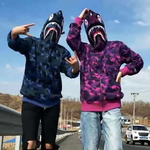 迷彩鲨鱼连帽外套街头男女情侣潮流嘻哈个性宽松开衫拉链卫衣上衣