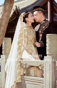 「出租」阿一曼回族婚纱爆款披风香槟色圆领显瘦收腰设计印巴婚纱