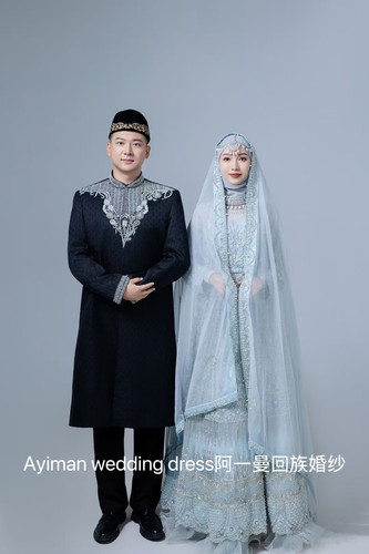 「出租」阿一曼蓝色回民婚纱印巴婚纱显瘦长袍收腰网纱沙丽楞哈