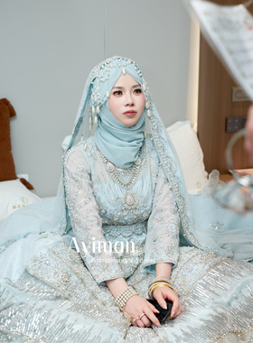 「出租」蓝色回族沙丽婚纱高端定制高腰绑带收紧可调节礼服巴服